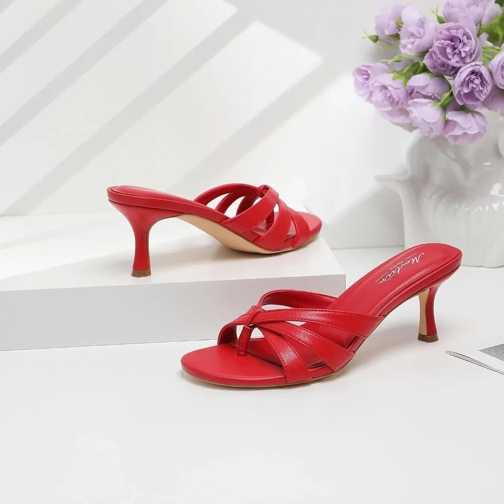 Women Strappy Kitten Heels Open Toe Slip On Mules Thong Sandal for Party Wedding